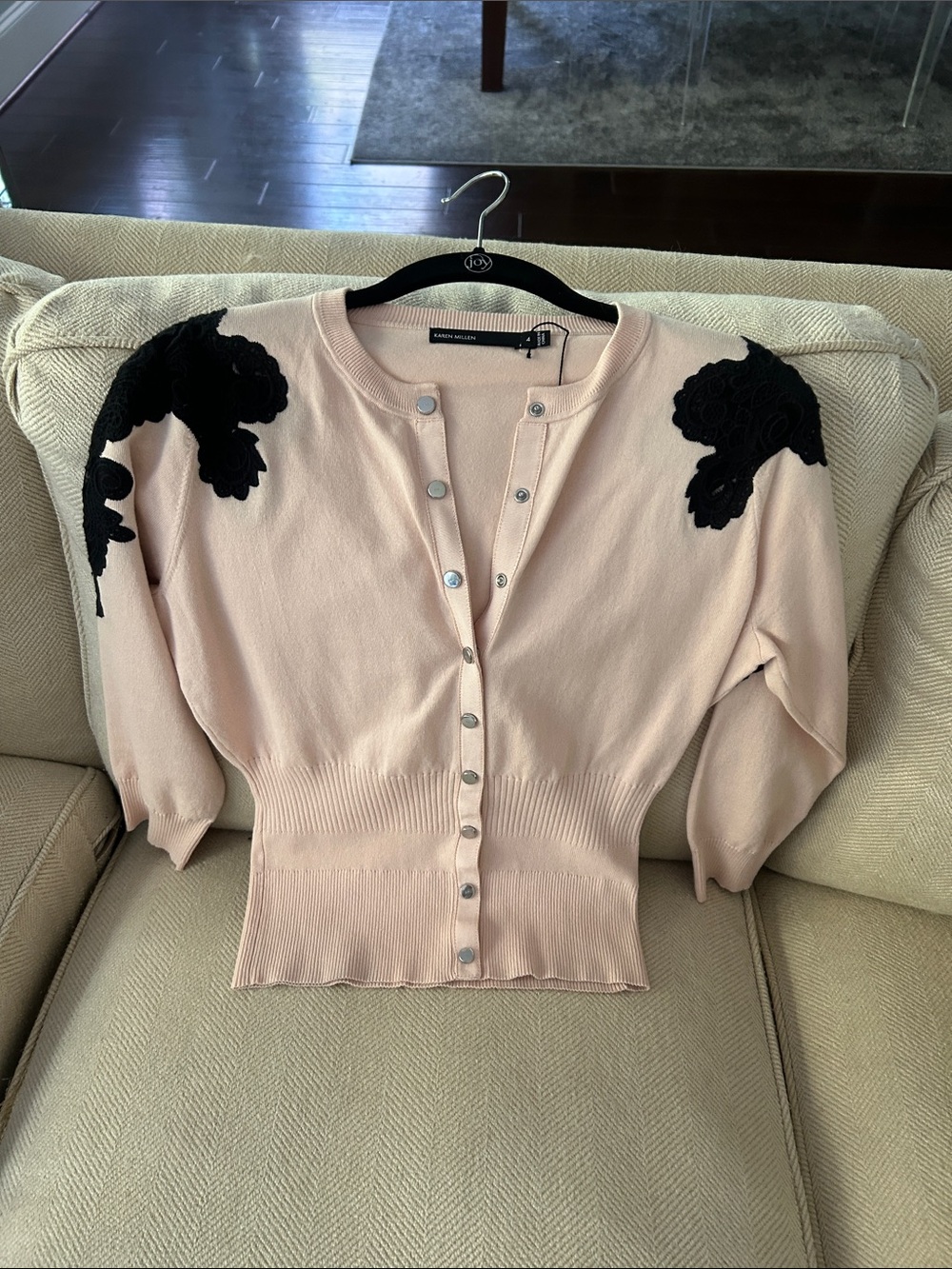 Karen Millen Pale Pink Cardigan with Black Floral Appliqué